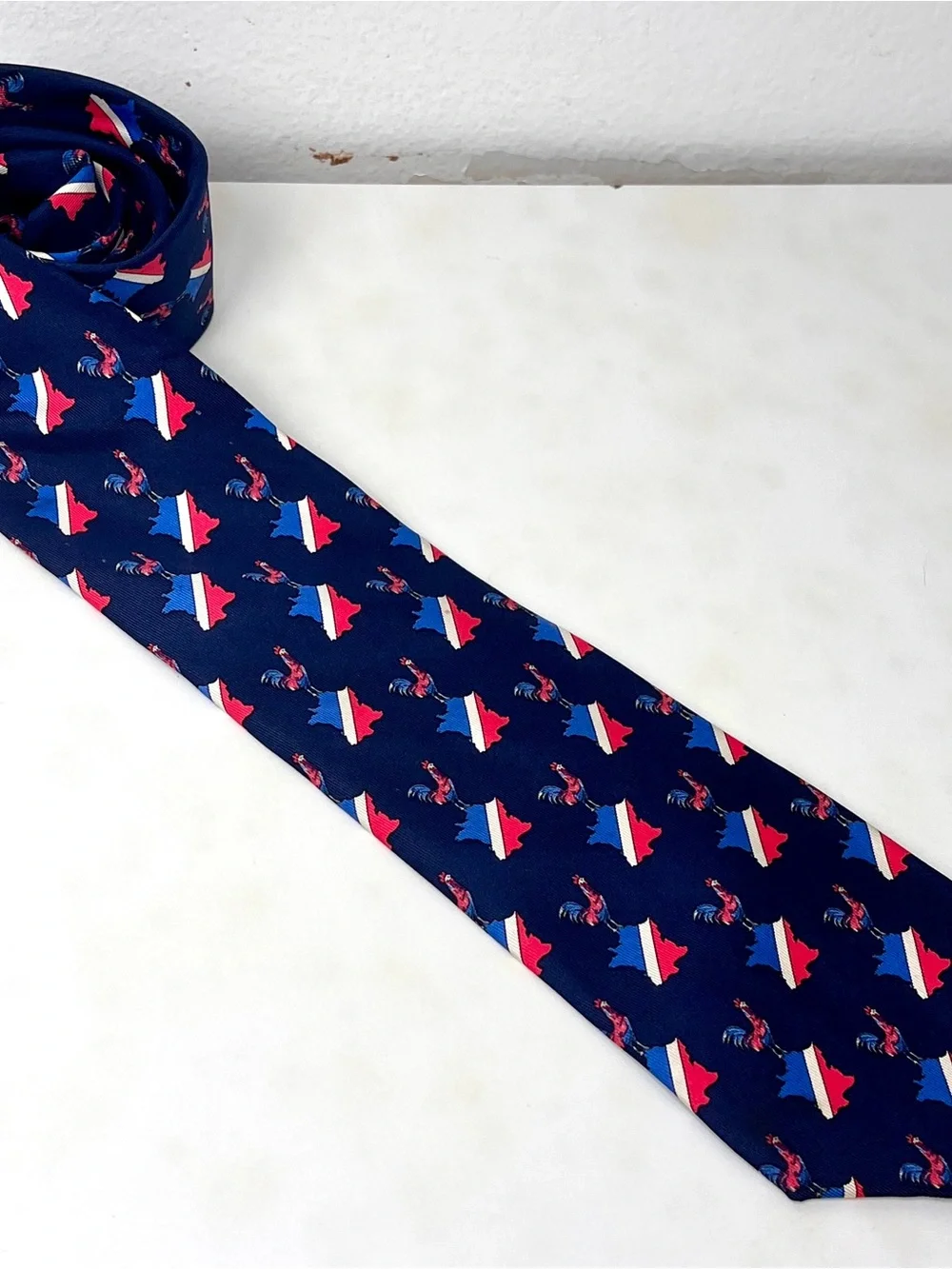 Hermes Navy Tie with Red, White & Blue Rooster and France Motif